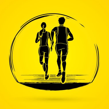 Maraton koşucusu, erkek ve kadın grafik ile birlikte çalışan çalışan çift, vektör.