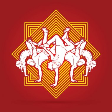 Bir grup insan, sokak dansı Aksiyon, birlikte çizgi kare arka plan grafik vektör tasarlanmış dans dans