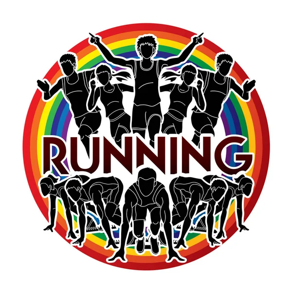 Menschen Laufen Marathonläufer Mit Text Laufen Auf Regenbogen Hintergrund Grafik — Stockvektor
