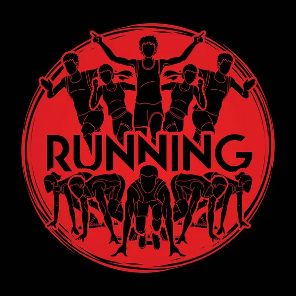 人奔跑 赛跑者 马拉松奔跑 小组工作奔跑 小组人运行以文本运行图形向量 — 图库矢量图片