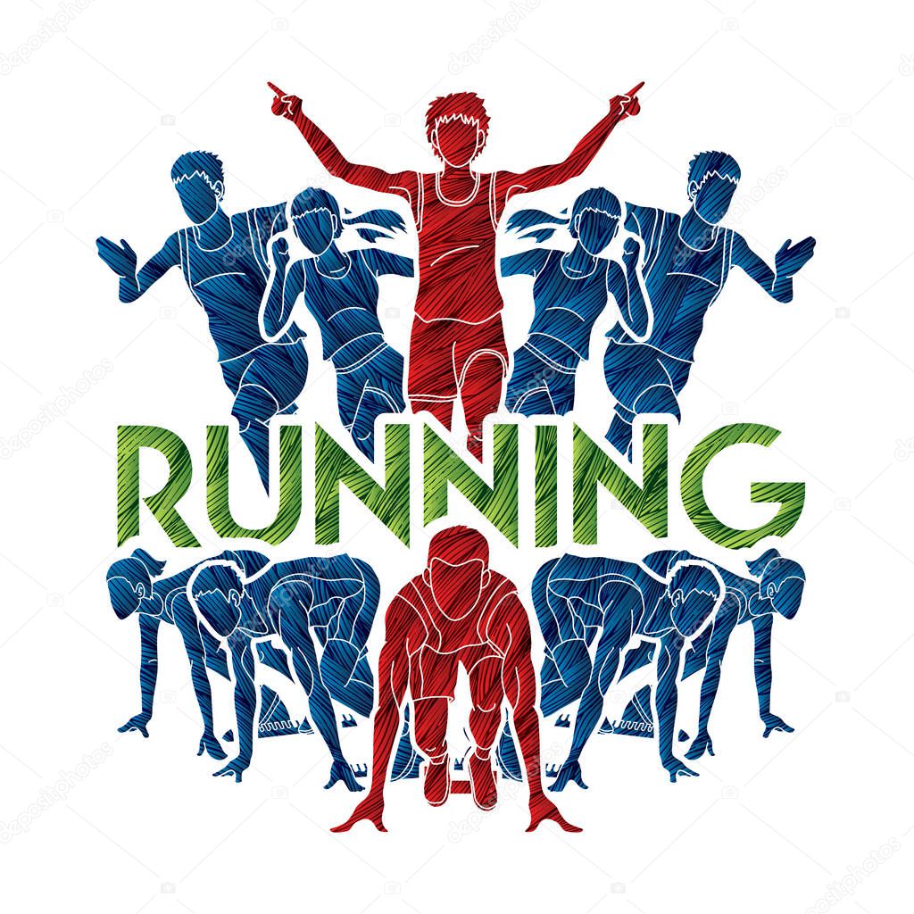 People run, Runner ,Marathon running, Team work running, Group of people running with text running graphic vector.