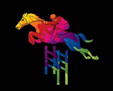 Binicilik, yarış atı, jokey binicilik renkli grafik vektör kullanılarak tasarlanmış..