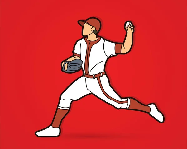Jogador Beisebol Ação Cartoon Vector Gráfico — Vetor de Stock