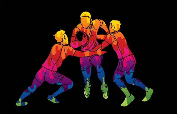 Rugby Oyuncusu Eylemi Çizgi Film Sporu Grafik Vektörü — Stok Vektör