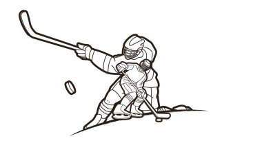 Buz hokeyi oyuncuları aksiyon çizgi film sporu grafik vektörü.