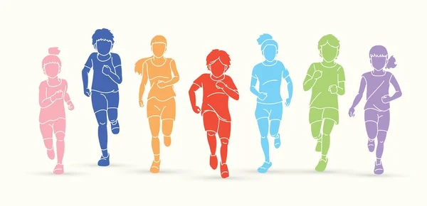 Groupe Enfants Courir Ensemble Vecteur Graphique Dessin Animé — Image vectorielle