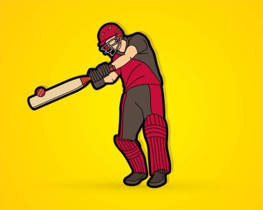 Kriket oyuncusu aksiyon çizgi film sporu grafik vektörü.