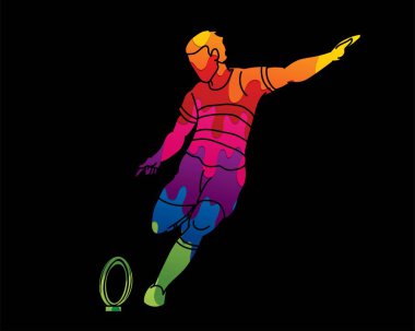Rugby oyuncusu aksiyon çizgi film sporu grafik vektörü.