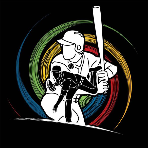 Group of Baseball players action cartoon sport graphic vector.