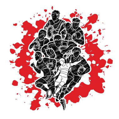 Rugby oyuncuları aksiyon çizgi film sporu grafik vektörü.