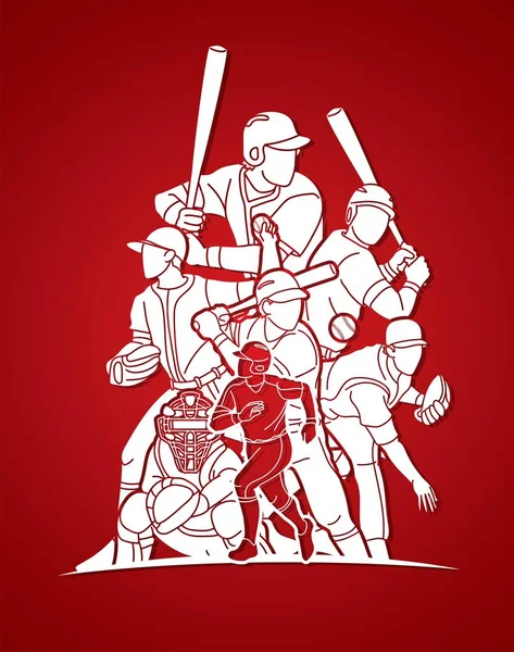 Grupa Baseball Graczy Akcja Kreskówka Sport Graficzny Wektor — Wektor stockowy