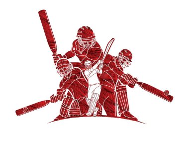Kriket oyuncuları grubu çizgi film sporu grafik vektörü.