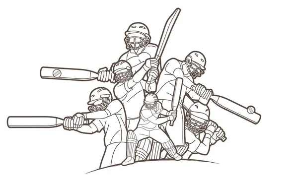Skupina Hráčů Kriketu Akce Karikatura Sportovní Grafický Vektor — Stockový vektor
