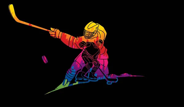 Buz Hokeyi Oyuncuları Aksiyon Çizgi Film Sporu Grafik Vektörü — Stok Vektör