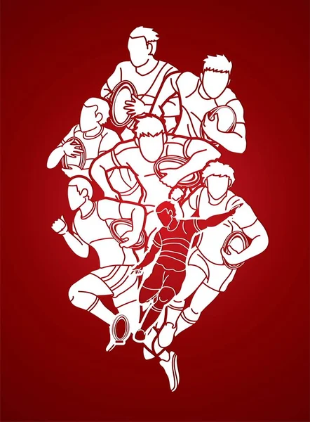 Grupp Rugby Spelare Åtgärd Tecknad Sport Grafisk Vektor — Stock vektor