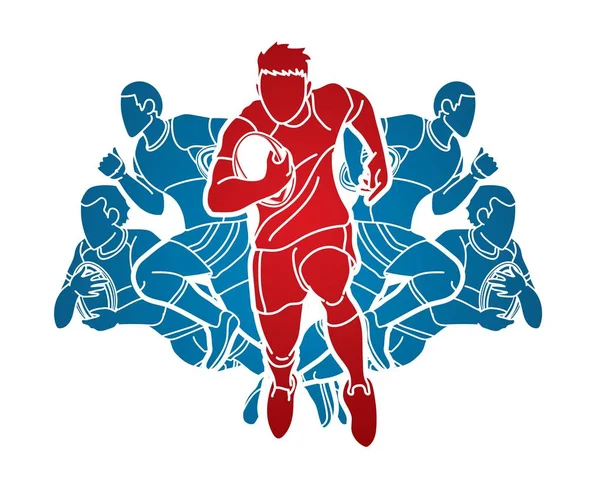 Groupe Joueurs Rugby Action Dessin Animé Sport Vecteur Graphique — Image vectorielle