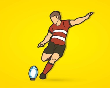 Rugby oyuncusu aksiyon çizgi film sporu grafik vektörü.