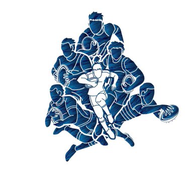 Rugby oyuncuları grubu çizgi film grafik vektörü.