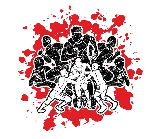 Groupe Joueurs Rugby Action Dessin Animé Sport Vecteur Graphique — Image vectorielle