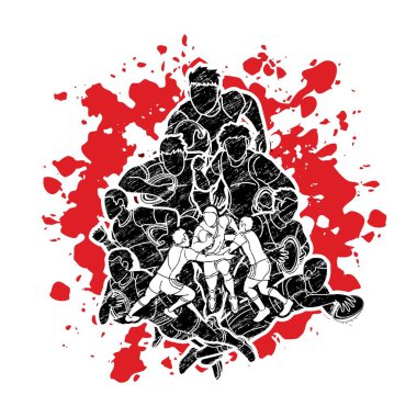 Rugby oyuncuları grubu aksiyon çizgi film sporu grafik vektörü.