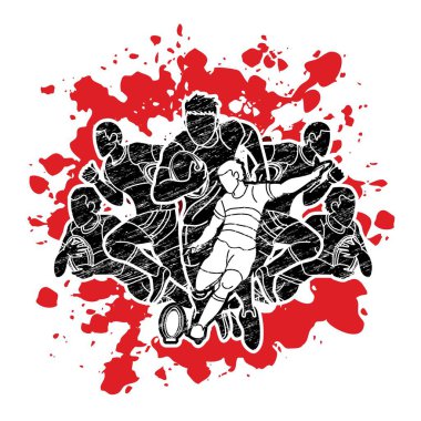 Rugby oyuncuları grubu aksiyon çizgi film sporu grafik vektörü.