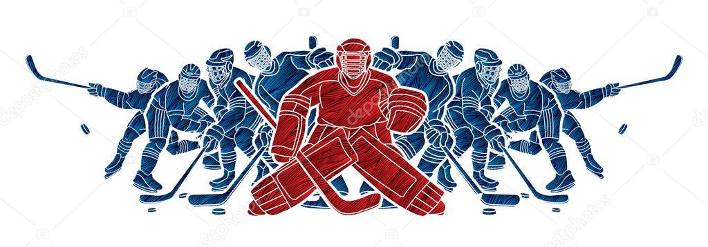 Group of Ice Hockey players action cartoon sport graphic vector.