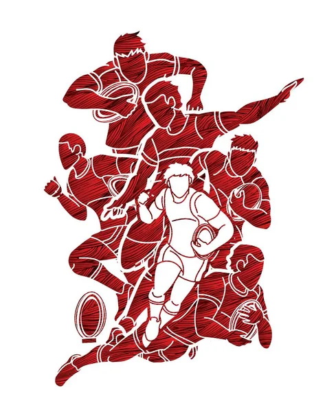 Rugby Oyuncuları Grubu Aksiyon Çizgi Film Sporu Grafik Vektörü — Stok Vektör