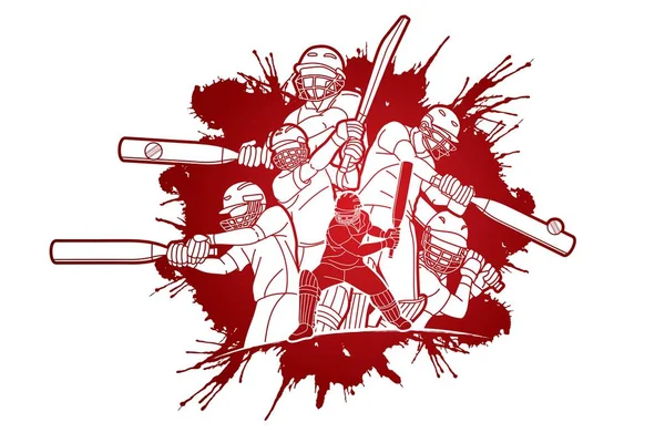 Grupul Jucatori Cricket Acțiune Desene Animate Sport Grafic Vector — Vector de stoc