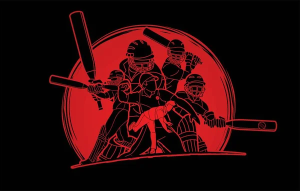 Groupe Joueurs Cricket Action Dessin Animé Sport Vecteur Graphique — Image vectorielle