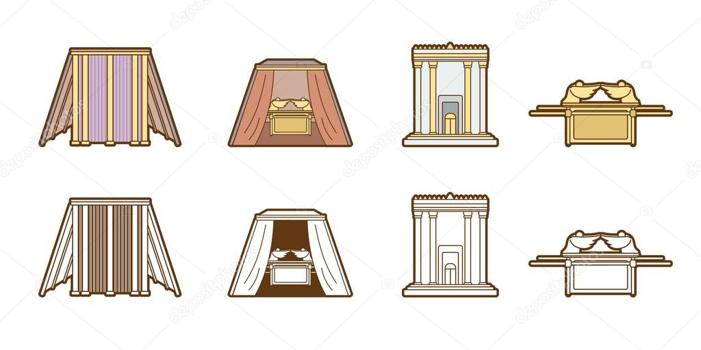Bible icons Tabernacle Tent Temple Ark cartoon graphic vector.