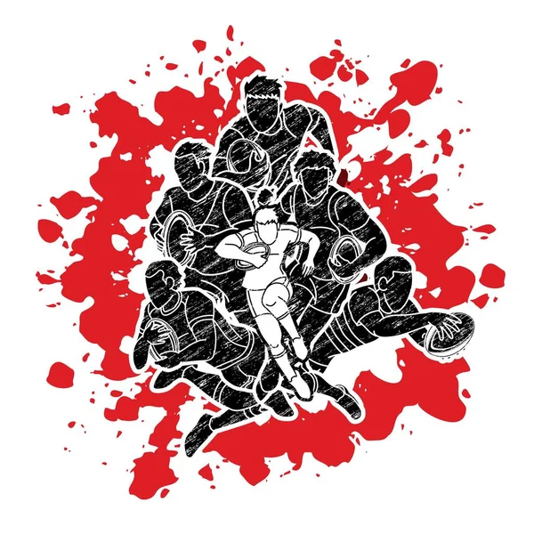 橄榄球运动员团体动作卡通运动图形矢量 — 图库矢量图片