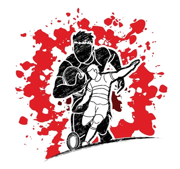 Rugby Oyuncuları Grubu Aksiyon Çizgi Film Sporu Grafik Vektörü — Stok Vektör