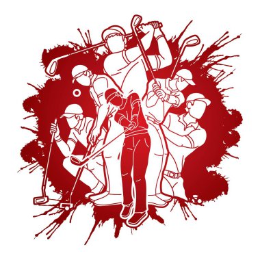 Golf oyuncuları aksiyon çizgi film sporu grafik vektörü.