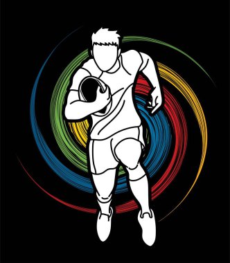 Rugby oyuncusu aksiyon çizgi film sporu grafik vektörü.