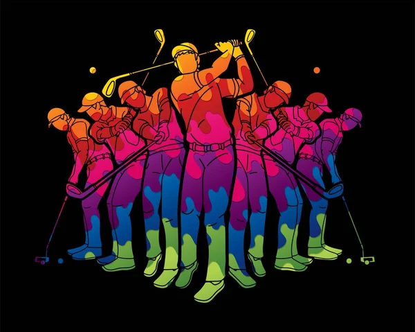 Grupo Jogadores Golfe Ação Cartoon Esporte Vector Gráfico — Vetor de Stock