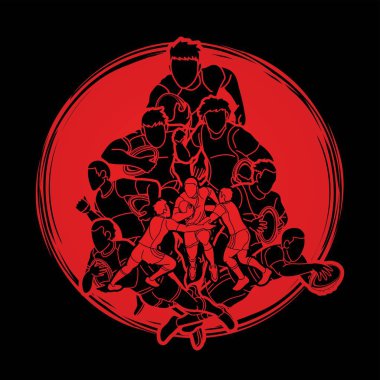 Rugby oyuncuları grubu aksiyon çizgi film sporu grafik vektörü