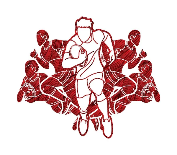 Groupe Joueurs Rugby Action Dessin Animé Sport Vecteur Graphique — Image vectorielle