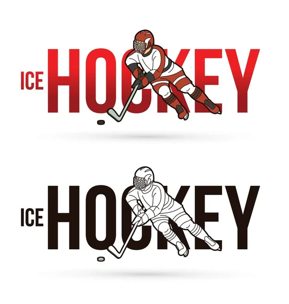 Hielo Hockey Texto Con Hielo Jugador Hockey Acción Dibujos Animados — Vector de stock