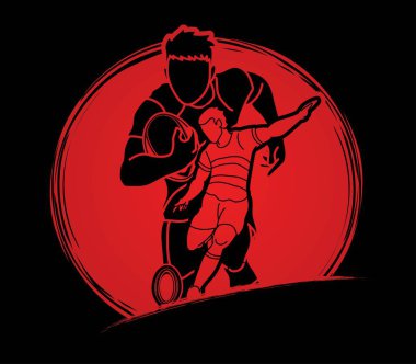 Rugby oyuncuları grubu aksiyon çizgi film sporu grafik vektörü.