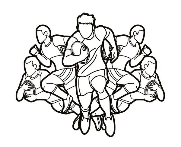 Groupe Joueurs Rugby Action Dessin Animé Sport Vecteur Graphique — Image vectorielle