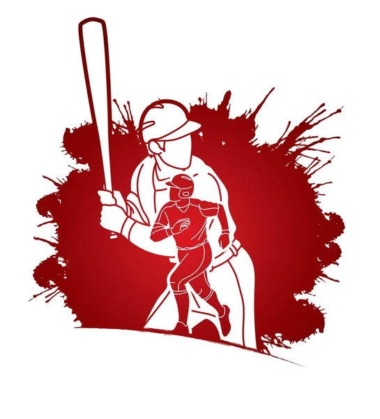 棒球运动员团体动作卡通运动图形矢量 — 图库矢量图片