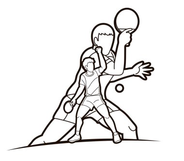 Masa tenisi, masa tenisi oyuncuları aksiyon çizgi film sporu grafik vektörü.