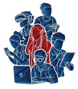 Dijital aygıtlar karikatür grafik vektörü kullanan bir grup insan