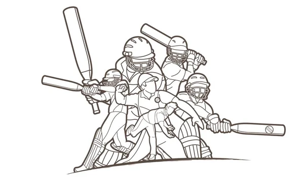 クリケット選手のアクション漫画スポーツグラフィックベクトルのグループ — ストックベクタ