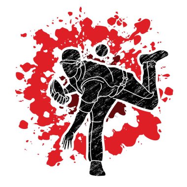 Beyzbol oyuncusu aksiyon çizgi film sporu grafik vektörü.