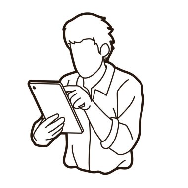 Dijital tablet karikatür grafik vektörü kullanan adam