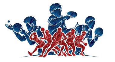 Masa tenisi oyuncuları grubu, masa tenisi oyuncuları aksiyon çizgi film sporu grafik vektörü.