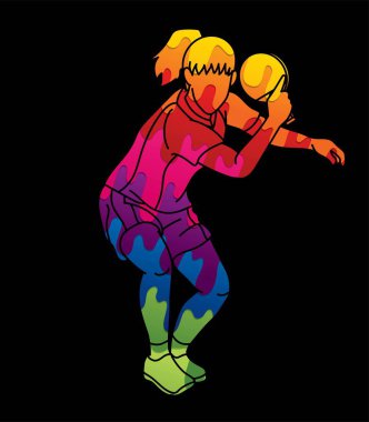 Masa tenisi oyuncusu, masa tenisi aksiyon çizgi film grafik vektörü