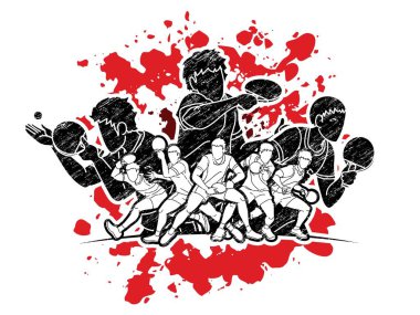 Masa tenisi oyuncuları grubu, masa tenisi oyuncuları aksiyon çizgi film sporu grafik vektörü.