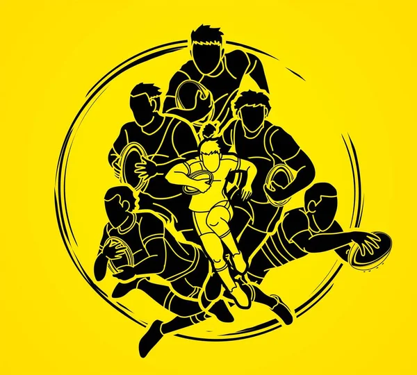Gruppe Von Rugbyspielern Action Cartoon Sport Graphik Vektor — Stockvektor